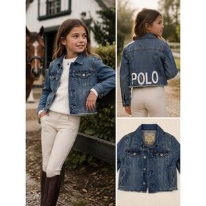 Polo Ralph Lauren Girls Denim Jacket Blue Cropped Back Logo Raw Hem Size 7